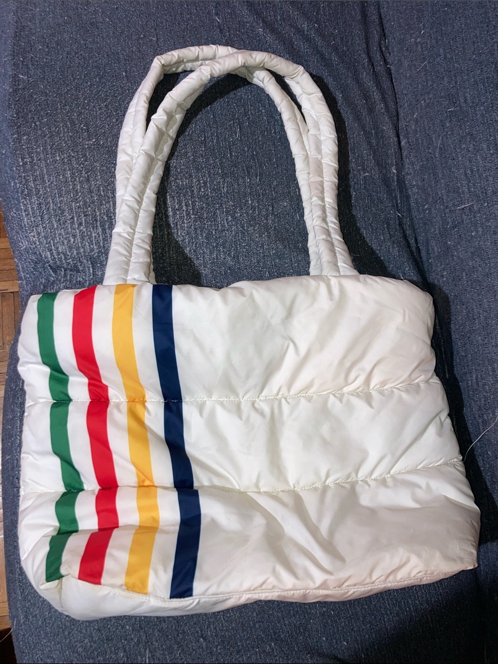 Hudson Bay White Quilted puffer Tote with Multicolor Stripe Accent
